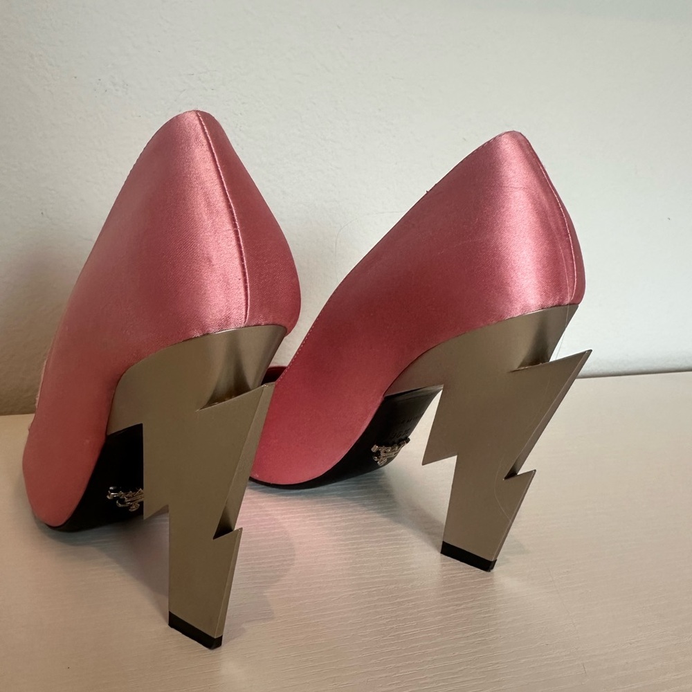 Prada Pink Satin Pumps with Sculpted Silver Lightning Heels - Picture 3 of 5